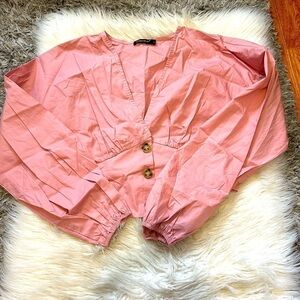 Pink Button-Up Cropped Blouse